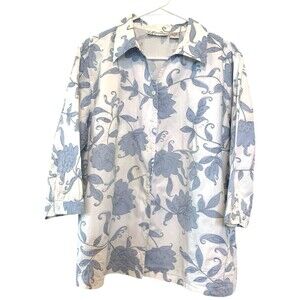 Dress Barn Embroidered Blouse 2X 100%Cotton White/Blue Florals Silver Threads